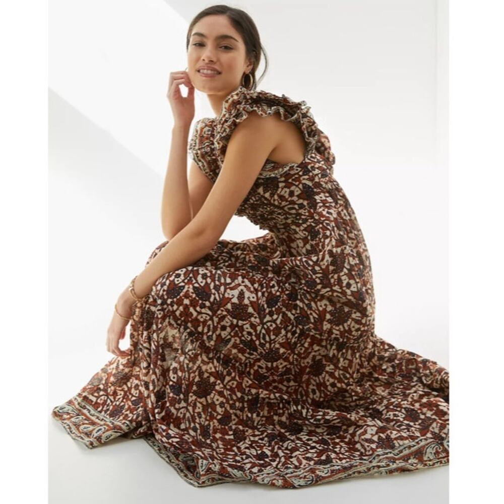 Anthropologie Brown Multicolor Floral Ruffled Maxi Dress